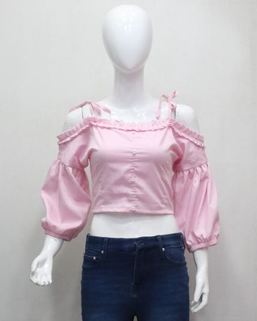 CR1952 UPCYCLED LACE-UP OFF-SHOULDER CROP TOP