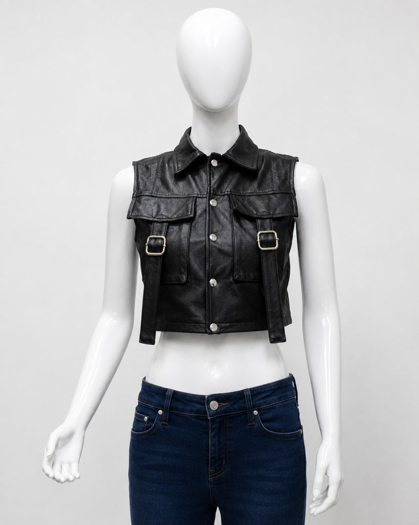 CR1865 UPCYCLED UTILITY CROPPED LEATHER VEST