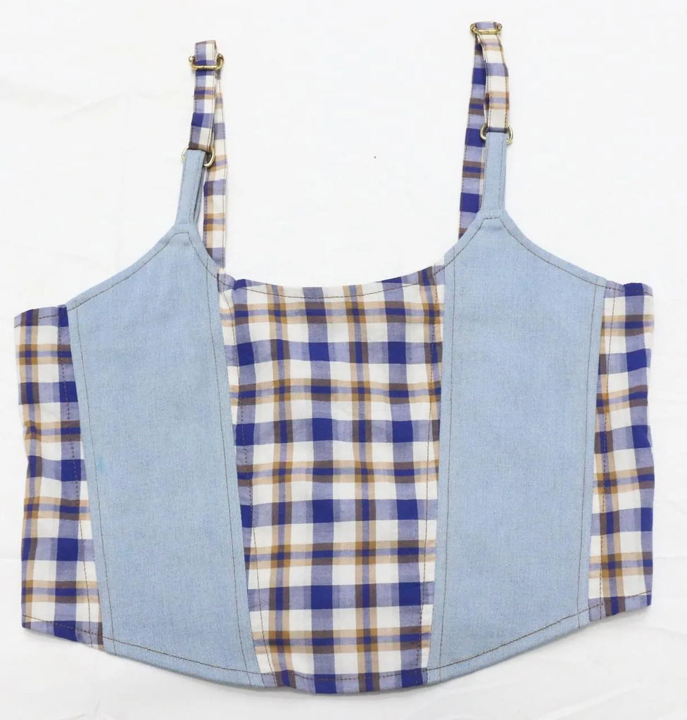 CR1540 Upcycled Denim & Plaid Corset Top