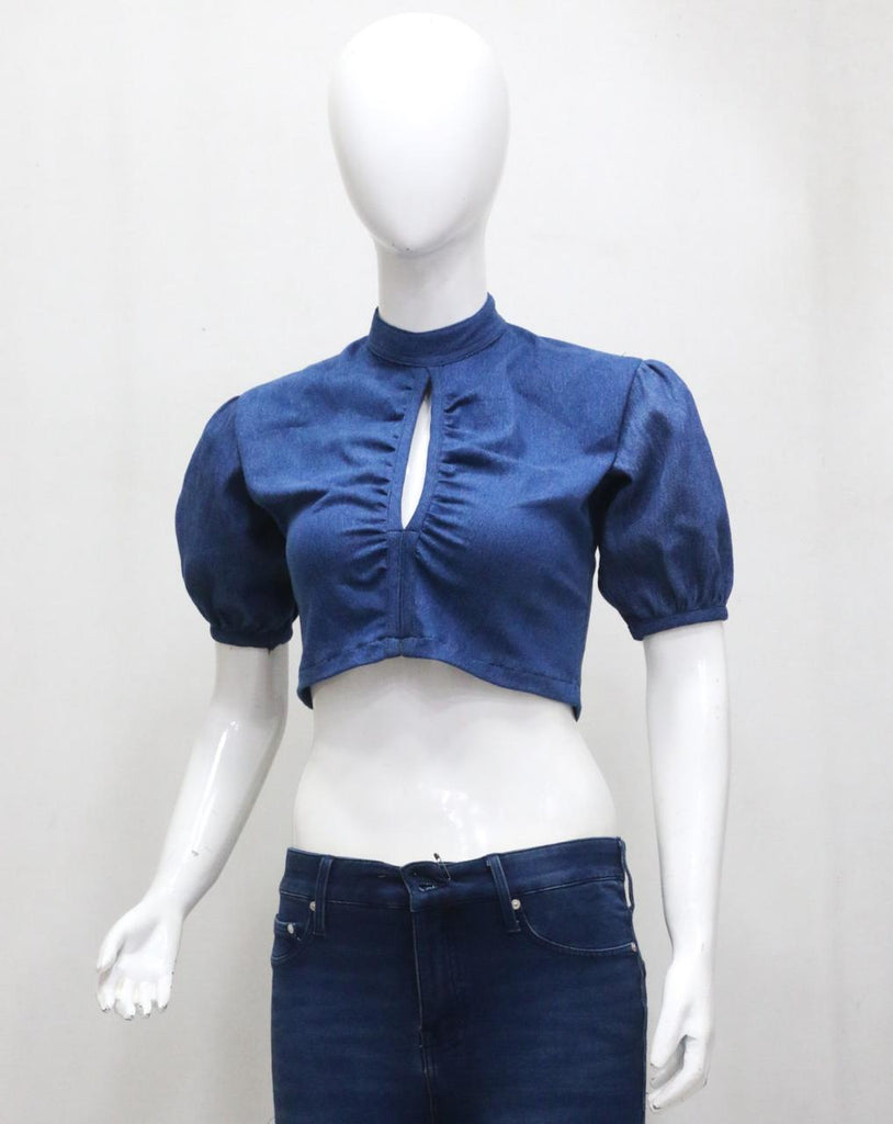 CR2004 UPCYCLED PUFF-SLEEVE KEYHOLE CROP TOP