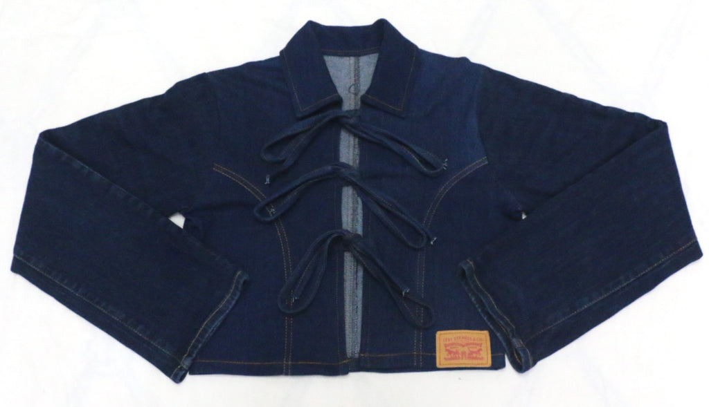 CR1823 UPCYCLED TIE-FRONT DENIM CROP JACKET