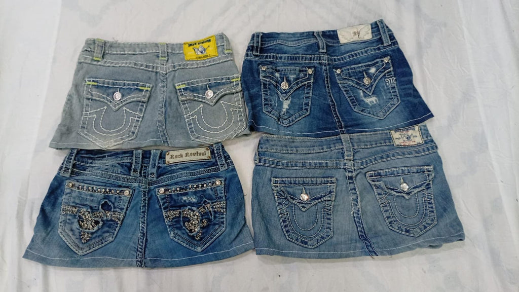 CR9859 Upcycled Mix Branded Mini Denim Skirts