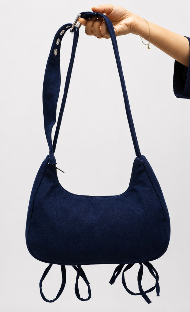 CR1807 UPCYCLED LACE-UP DENIM SHOULDER BAG