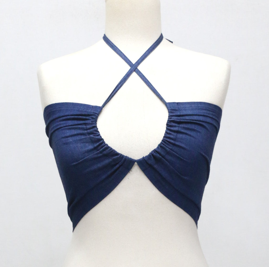 CR1956 UPCYCLED HALTER CUT-OUT CROP TOP