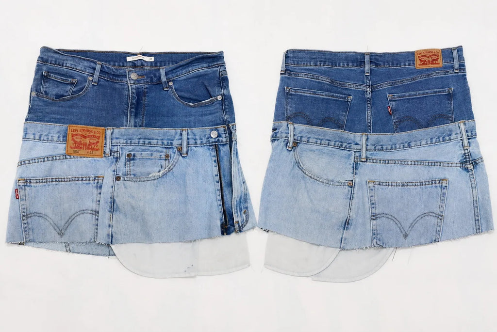 CR1672 UPCYCLED LAYERED DENIM MINI SKIRT