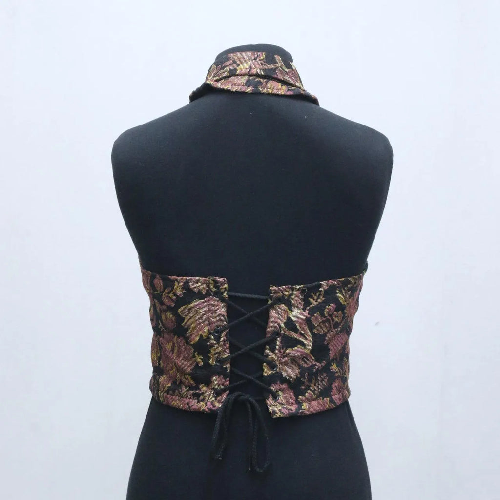 CR1267 Upcycled Y2K Floral Halter Crop Top – Lace Back Corset Style