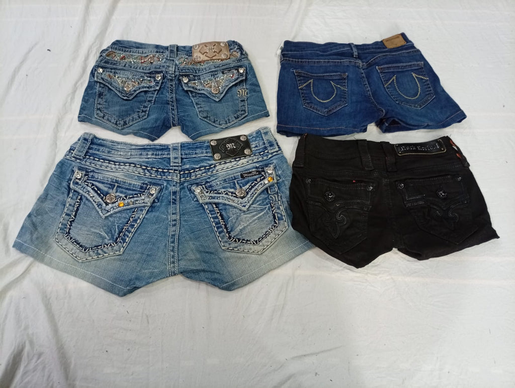 CR10895 Upcycled Mix-Branded Mini Denim Shorts