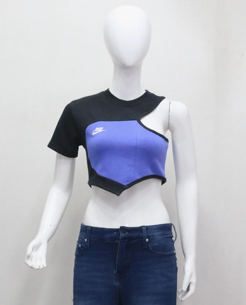 CR1853 UPCYCLED ASYMMETRIC SPORT CROP TOP