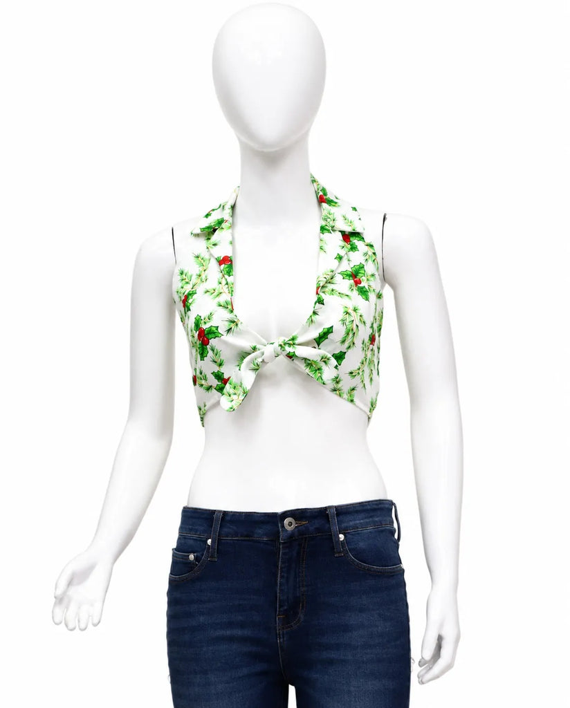 CR1595 Upcycled Tie Front Halter Top