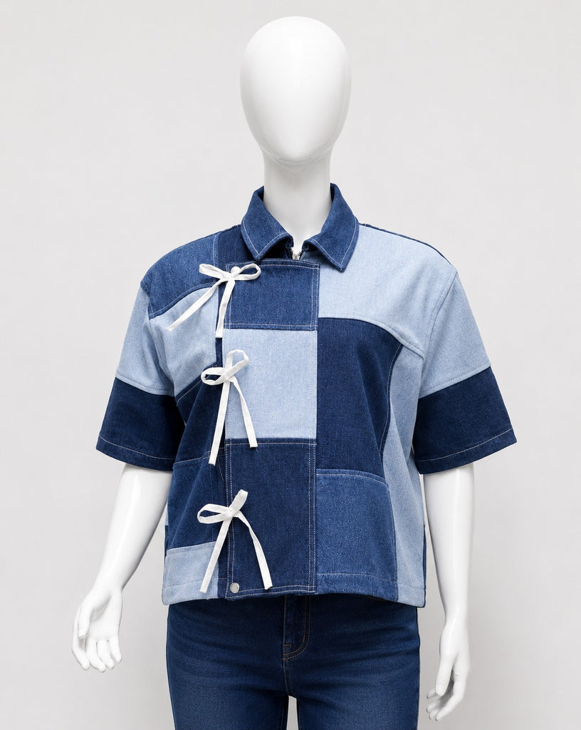 CR1832 UPCYCLED PATCHWORK BOW DENIM SHIRT