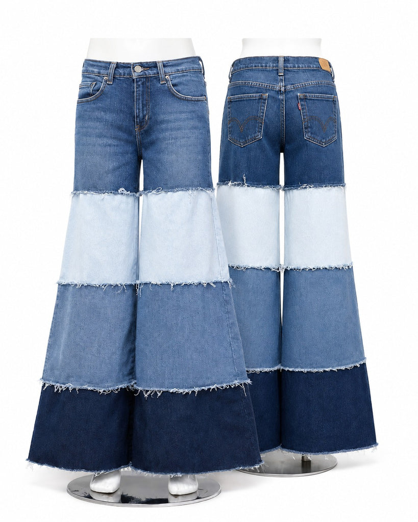 CR2076 UPCYCLED TIERED COLOR-BLOCK DENIM FLARE JEANS