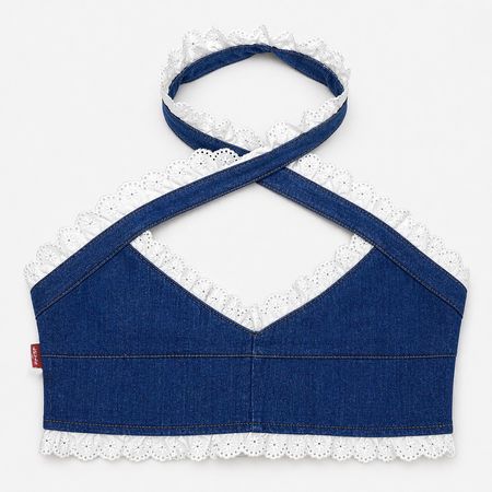 CR2099 Upcycled Denim Lace Halter Top