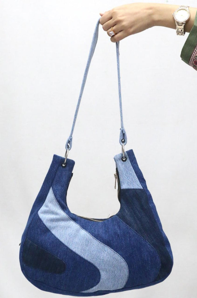 CR1842 UPCYCLED CURVED PANEL DENIM SHOULDER BAG