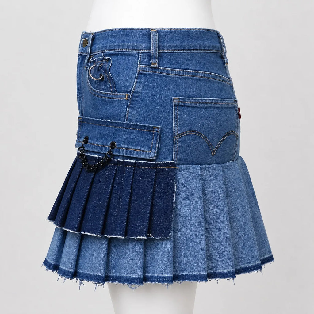 CR1623 UPCYCLED DENIM PLEATED MINI SKIRT