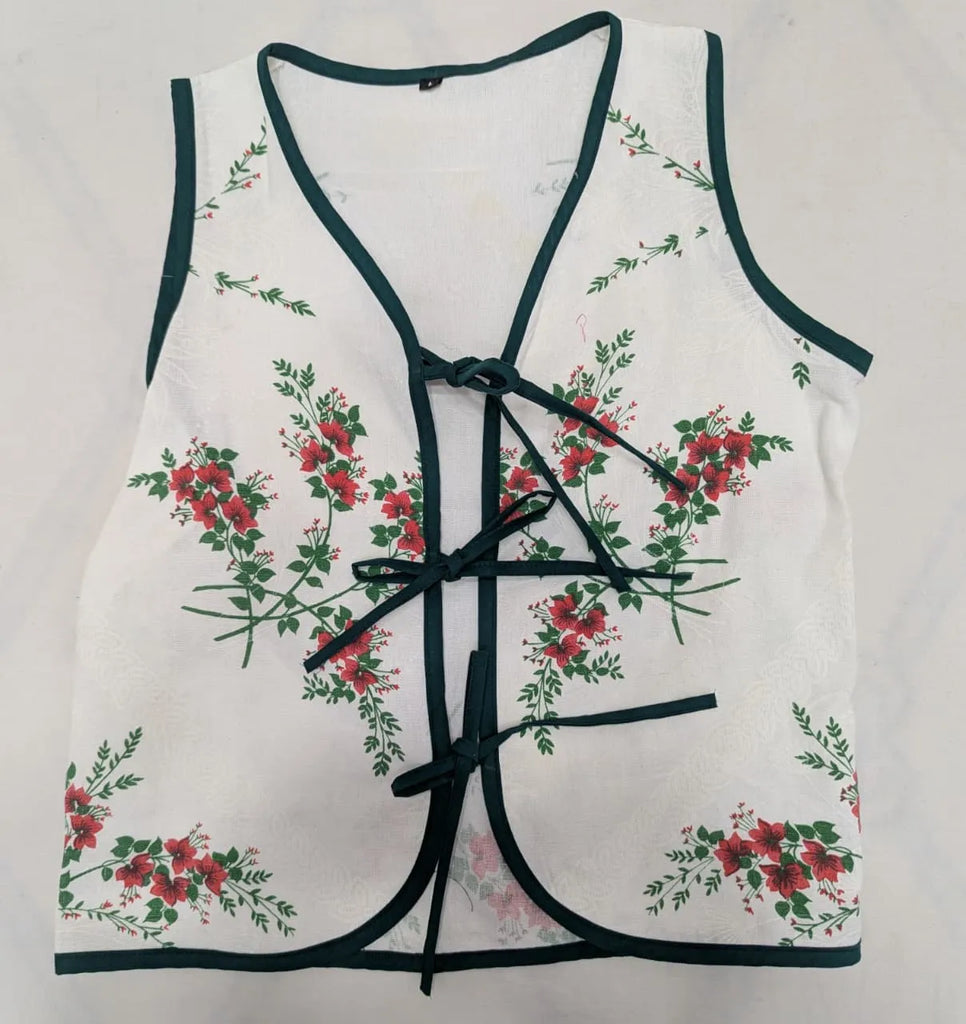 CR1628 UPCYCLED FLORAL TIE FRONT VEST