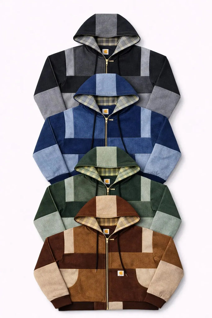 CR-1152 Rework Carhartt Denim Patchwork Hoodie – Multi Tone Zip-Up
