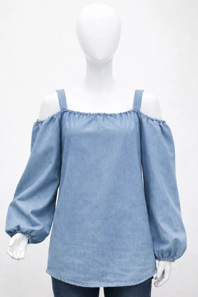 CR1447 Upcycled Off-Shoulder Denim Top