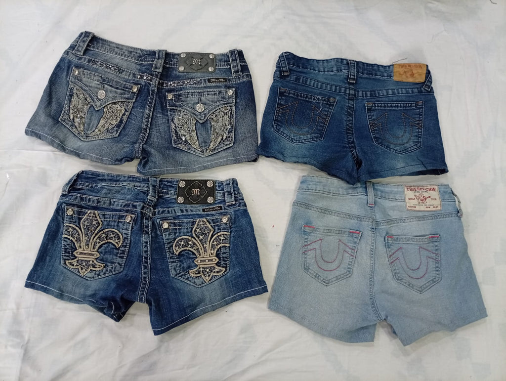 CR10209 Upcycled Mix Branded Mini Denim Shorts