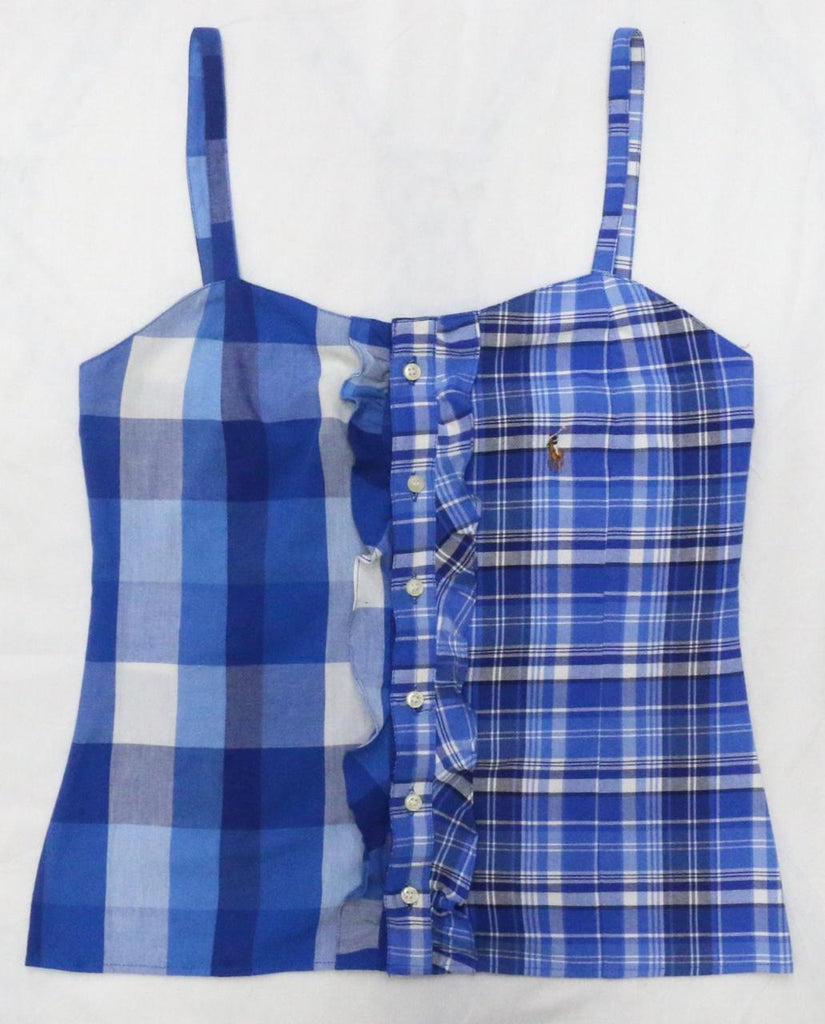 CR2005 UPCYCLED MIXED-PLAID RUFFLE CAMISOLE TOP