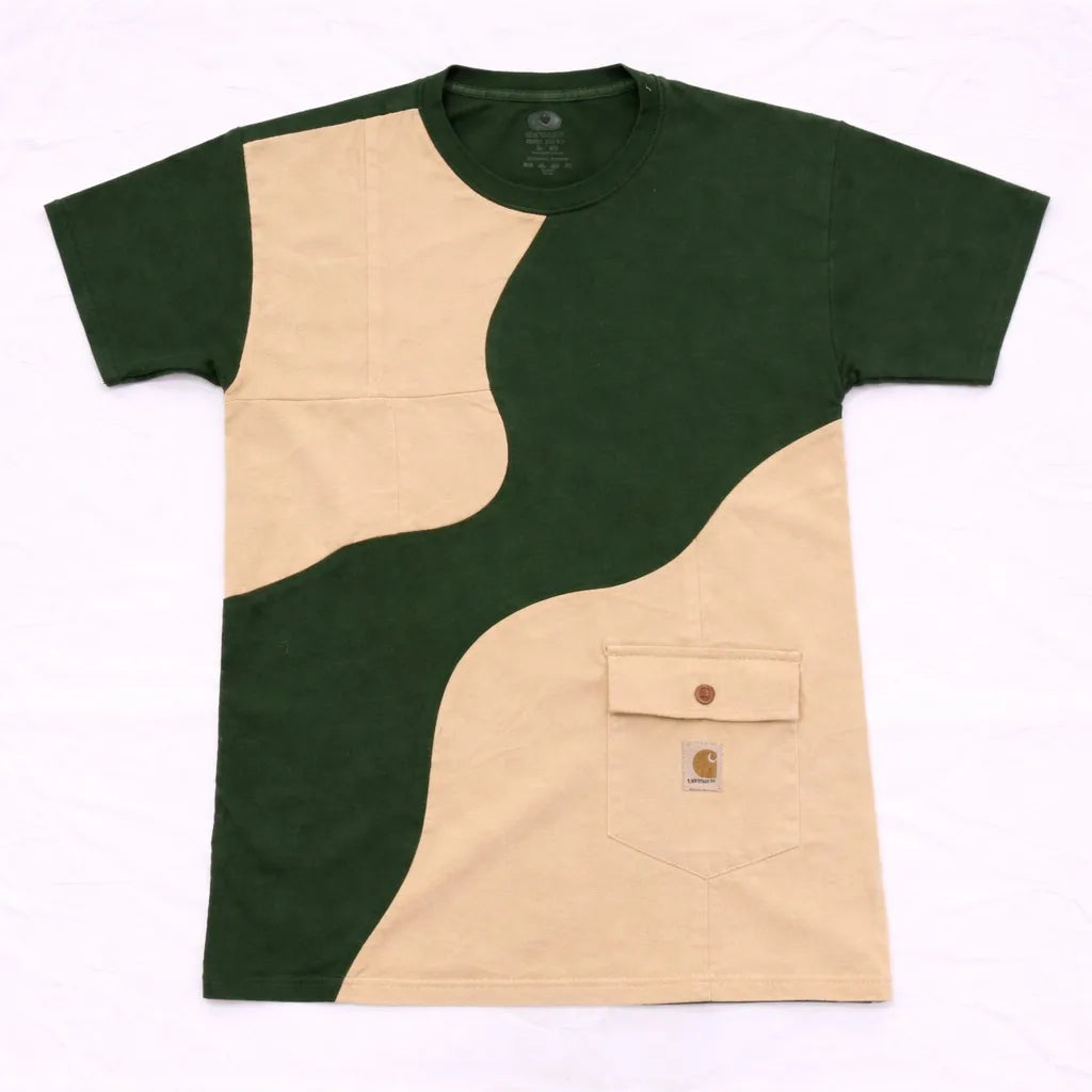 CR-1069 Rework Carhartt Denim Wave Panel T-Shirt – Dual Tone Patchwork Tee