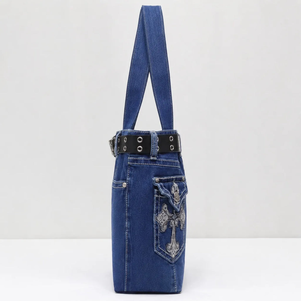 CR1680 UPCYCLED DENIM BELTED TOTE BAG