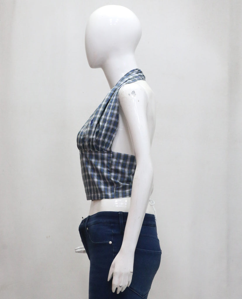 CR1945 UPCYCLED PLAID HALTER CORSET TOP