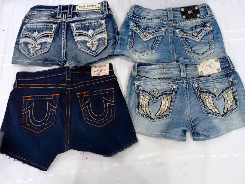 CR10580 Upcycled Mix Branded Mini Denim Shorts