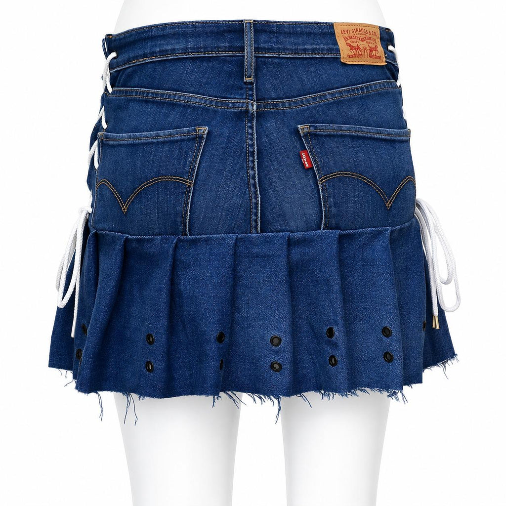CR1861 UPCYCLED LACE-UP DENIM PLEATED MINI SKIRT