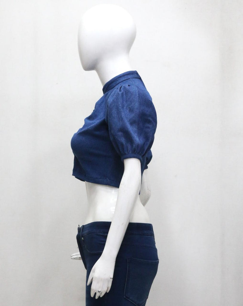 CR2004 UPCYCLED PUFF-SLEEVE KEYHOLE CROP TOP