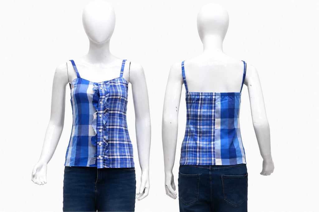 CR2005 UPCYCLED MIXED-PLAID RUFFLE CAMISOLE TOP