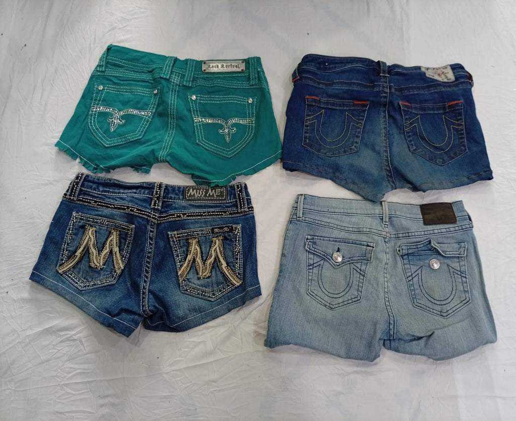 CR9371 Upcycled Mix Branded Mini Denim Shorts