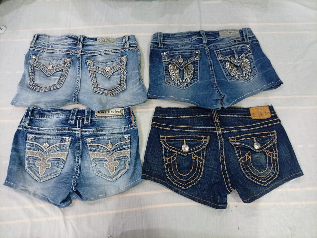 CR10651 Upcycled Mix Branded Mini Denim Shorts
