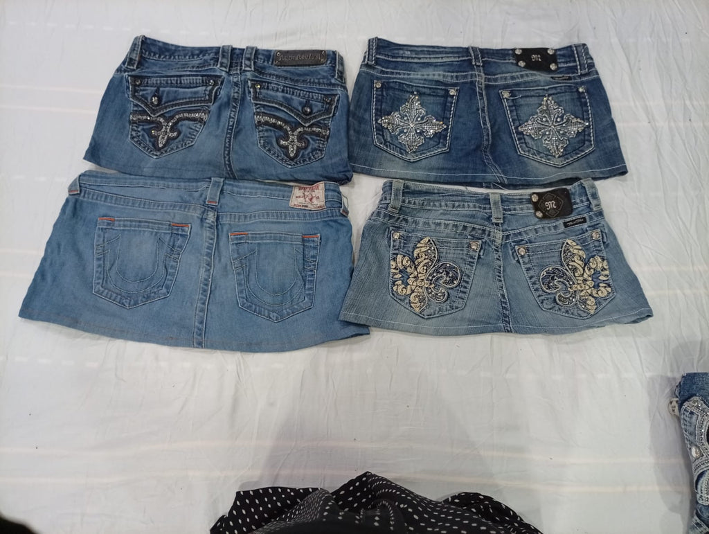 CR10469 Upcycled Mix Branded Mini Denim Skirts