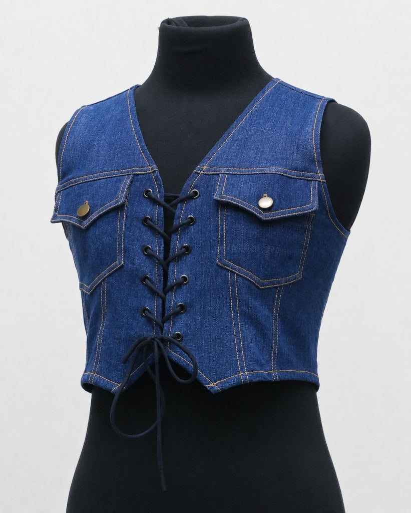 CR2169 UPCYCLED LACE-UP DENIM CORSET VEST