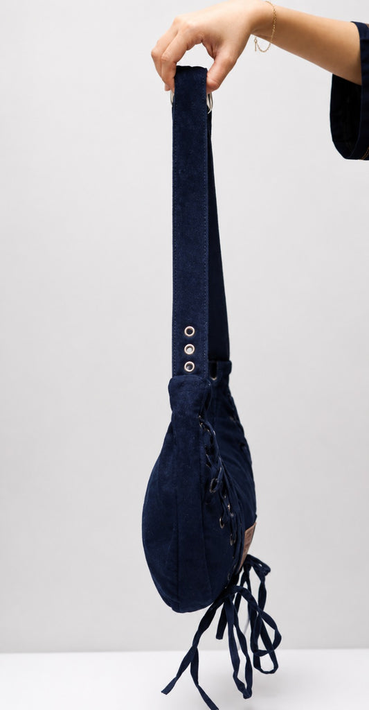 CR1807 UPCYCLED LACE-UP DENIM SHOULDER BAG