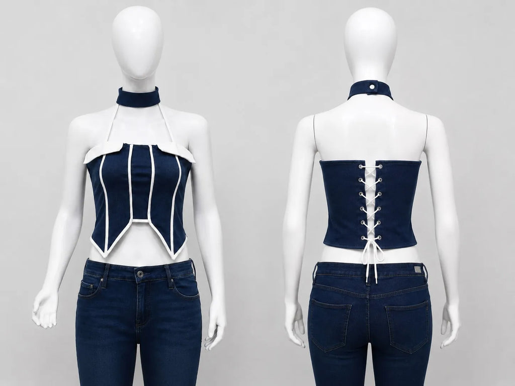 CR1584 Upcycled Denim Corset Halter Top