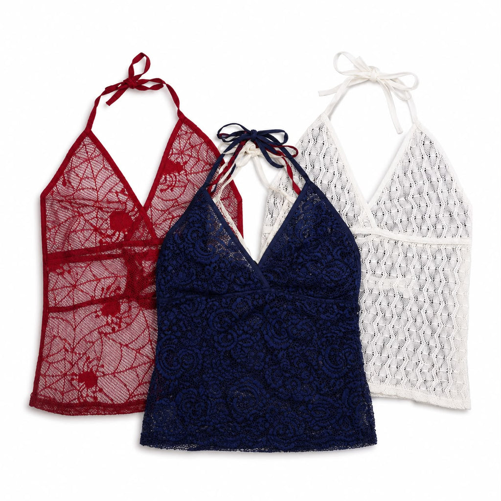 CR1897 UPCYCLED LACE HALTER TOP