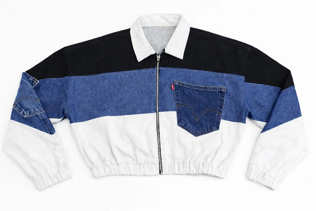 CR1210 Upcycled Color-Block Denim Zip Jacket