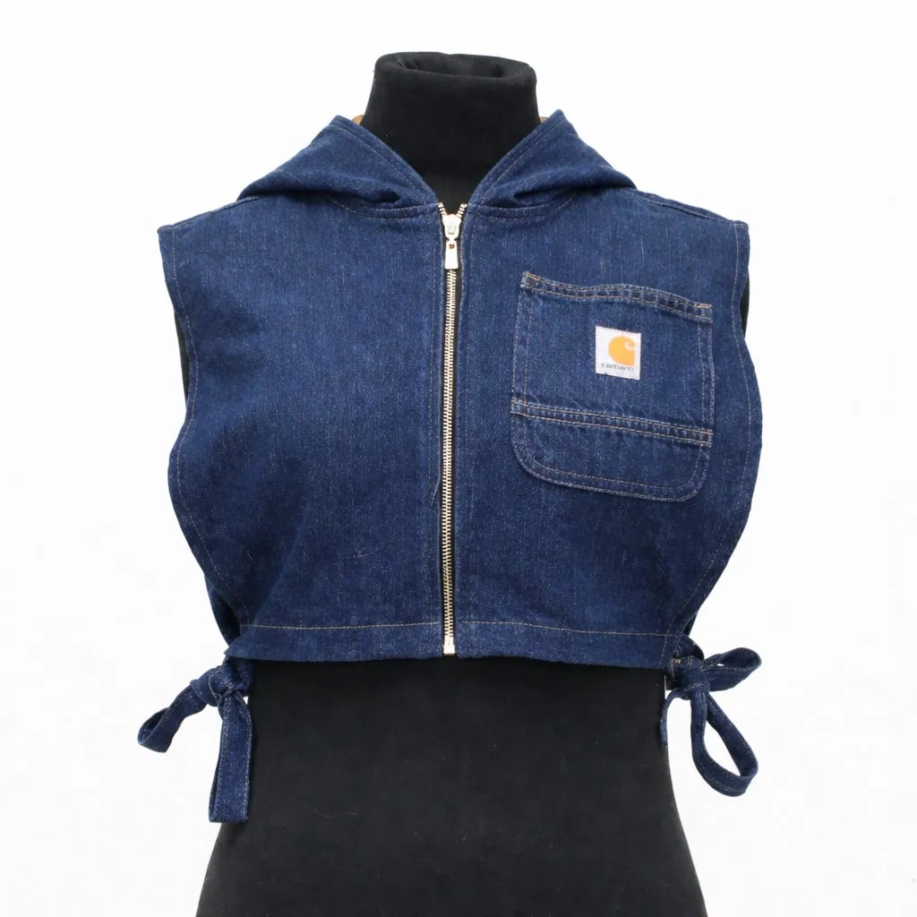 CR1116 Upcycled Cropped Hooded Denim Utility Vest