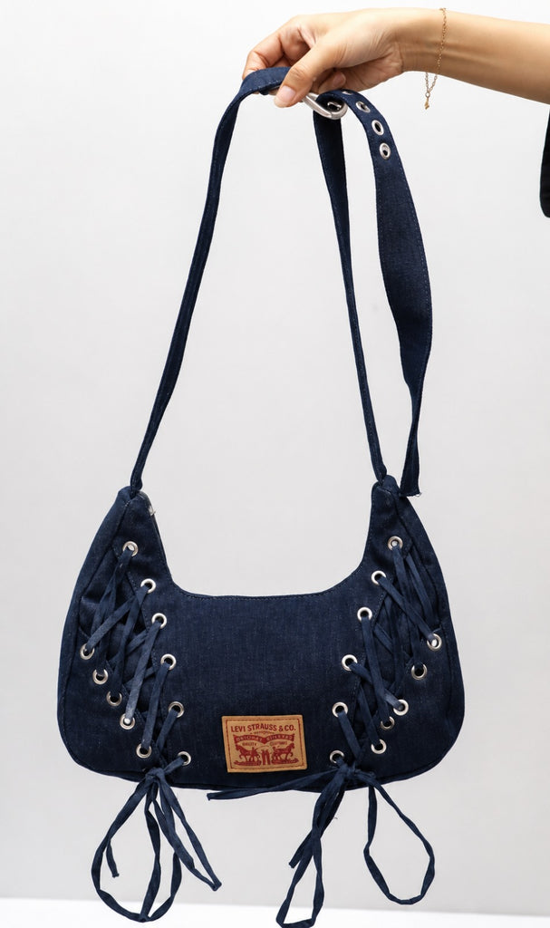 CR1807 UPCYCLED LACE-UP DENIM SHOULDER BAG
