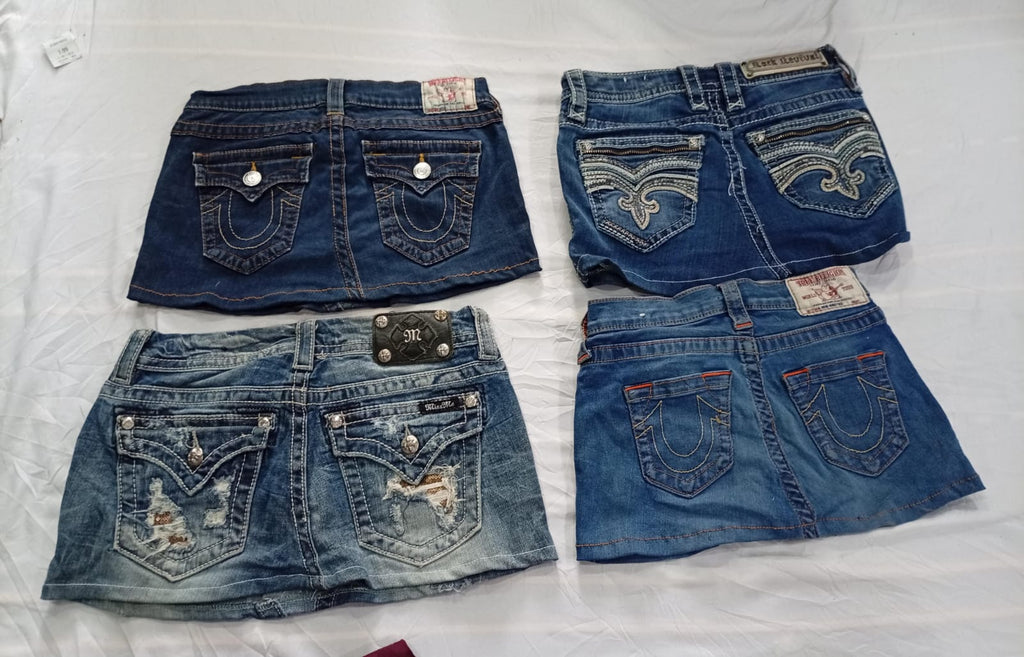 CR11028 Upcycled Mix-Branded Mini Denim Skirts