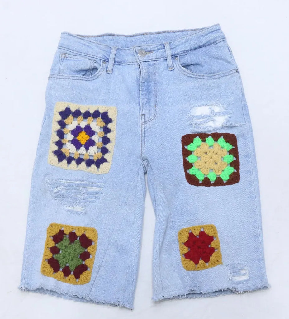 CR9455 Upcycled Ponchu Patch Denim Shorts