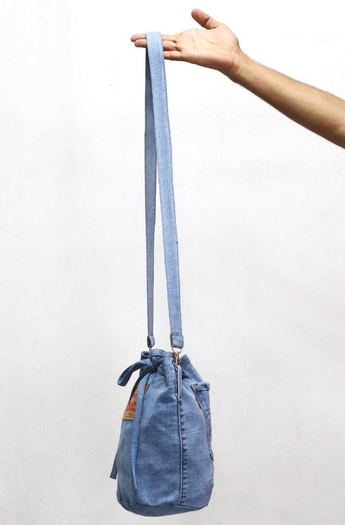 CR1954 UPCYCLED DENIM DRAWSTRING BUCKET BAG