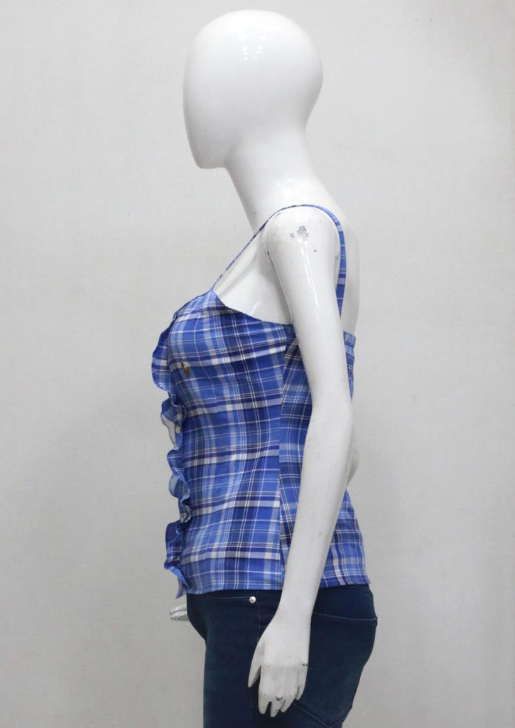 CR2005 UPCYCLED MIXED-PLAID RUFFLE CAMISOLE TOP