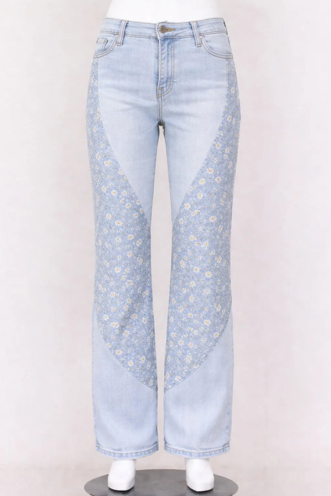 CR1434 Rework Patch Panel Flare Jeans – Mixed Fabric Denim (Y2K Vintage Style)