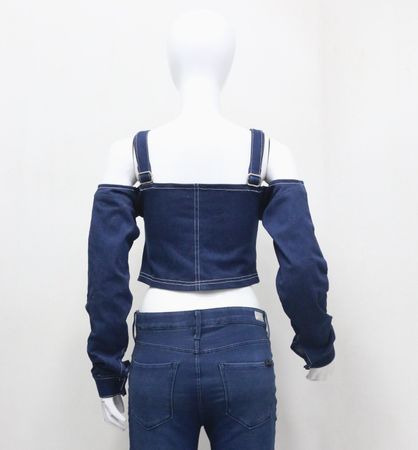 CR2088 Upcycled Denim Strap Crop Top