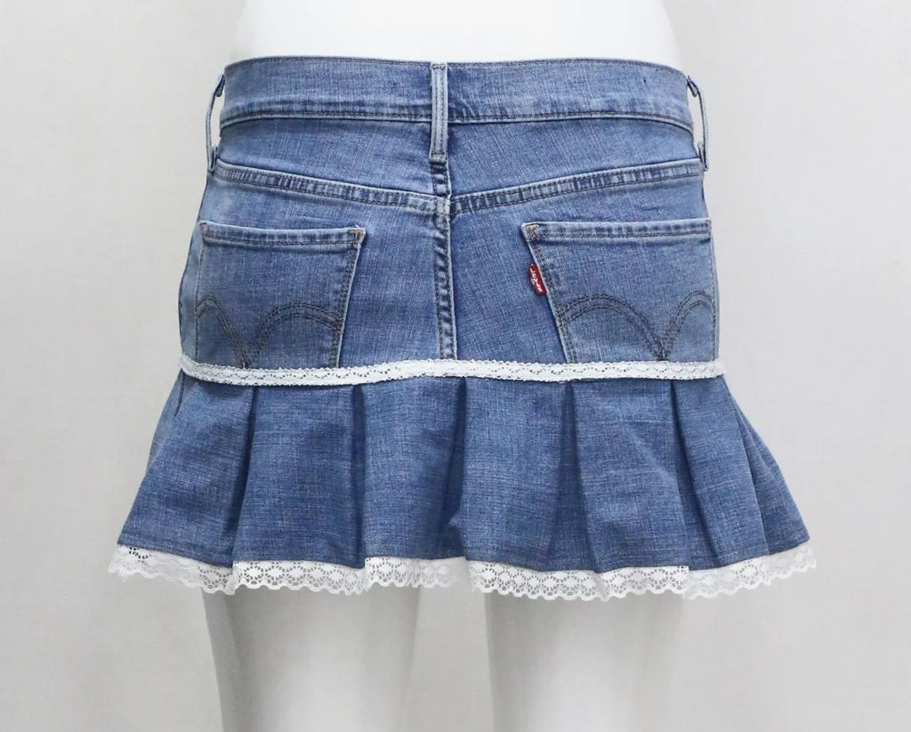 CR1541 Upcycled Denim Lace Mini Skirt