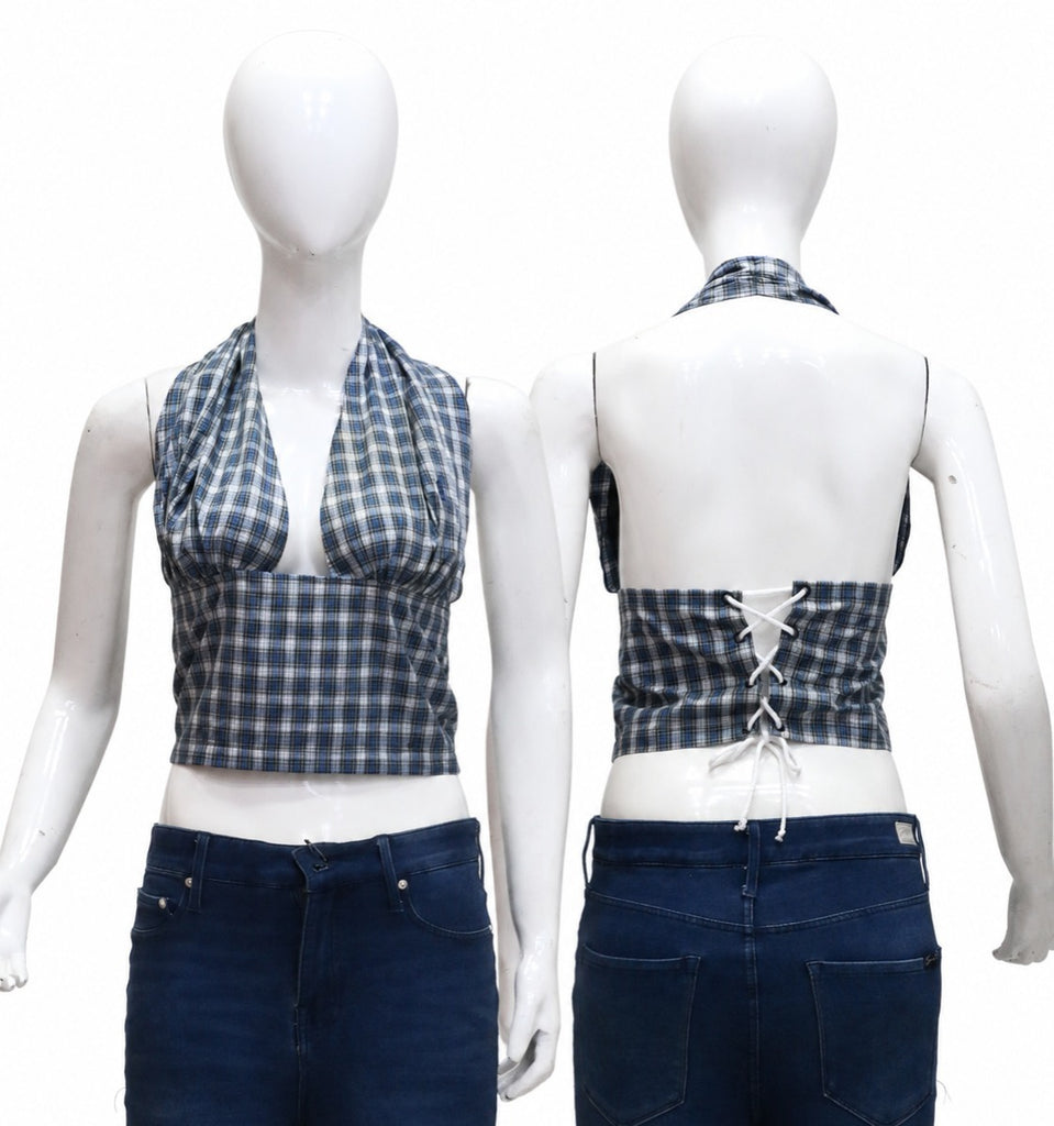 CR1945 UPCYCLED PLAID HALTER CORSET TOP