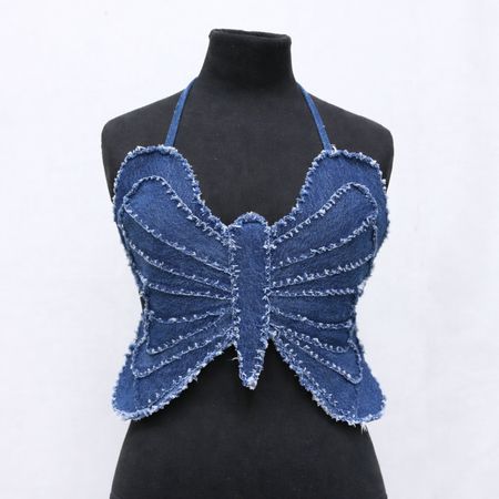 CR2100 Upcycled Denim Butterfly Crop Top