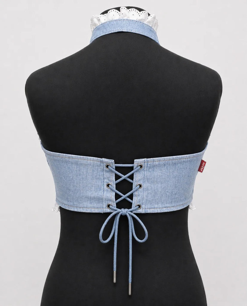 CR1532 Upcycled Denim Lace Halter Top